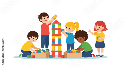 Five diverse children happily play together, building a tall, colorful block tower and sorting blocks from boxes on a light blue mat.