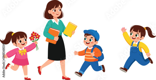 Cartoon female teacher walking with happy children students giving flowers and waving to express appreciation and love for education concept
