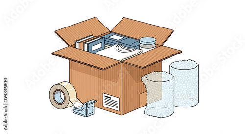 An open cardboard box is filled with items, next to tape and bubble wrap.