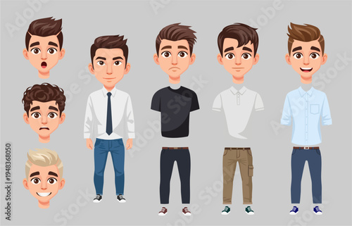 Full Body Male Character Constructor Kit: Customizable Avatar with Diverse Expressions, Outfits, and Shoes Vector Set