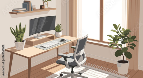 A minimalist home office with a wooden desk, curved monitor, ergonomic chair, and multiple potted plants is illuminated by natural window light.