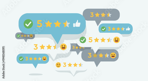 A cluster of overlapping speech bubbles displays various star ratings, checkmarks, thumbs-up icons, and emoji faces on a light blue background.