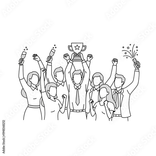 A diverse group of business professionals joyfully celebrating a significant achievement, holding a trophy aloft and raising glasses in a toast.
