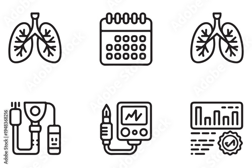 Medical and Respiratory Health Icon Set Featuring Lungs Calendar and Diagnostic Equipment