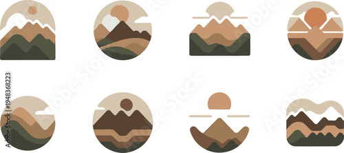 Minimalist mountain landscape emblem set featuring bohemian earthy tones and geometric sun designs for modern nature branding and aesthetic decor. (20 words)