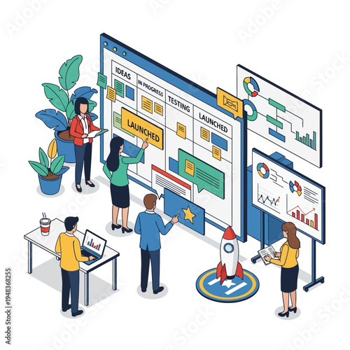 Agile project management team collaborating around a kanban board, planning and launching new ideas with charts and graphs.
