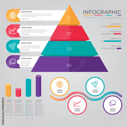 A colorful infographic template with a pyramid and various design elements for business presentations.