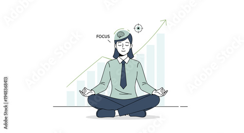 A person meditates for focus with a brain icon over a rising chart.