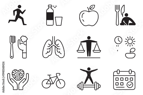 Minimalist Health and Fitness Icon Set with Solid and Line Art Elements
