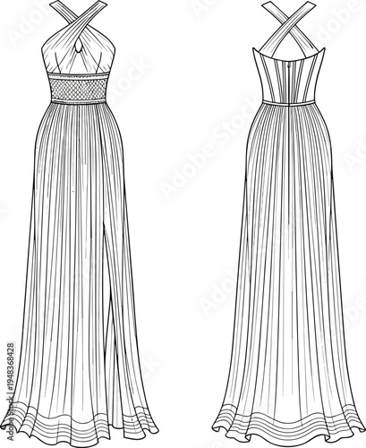 Elegant evening gown technical fashion illustration with crisscross halter neckline, pleated floor-length skirt, and detailed front and back views