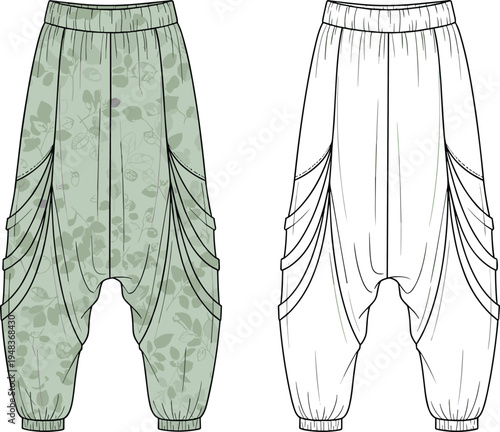 Fashion illustration of harem-style pants with floral pattern, ruched side panels, dropped crotch, elastic waist and ankle design