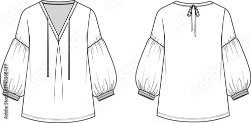 Fashion technical illustration of stylish puff sleeve blouse with V-neck tie detail, front and back views for apparel design