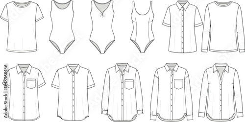 Fashion technical sketches of multiple tops and bodysuits with variations in neckline, sleeves, collars, and construction details front and back