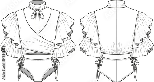 Fashion technical illustration of women’s two-piece outfit with ruffle sleeve wrap top and lace-up high-waisted briefs front and back