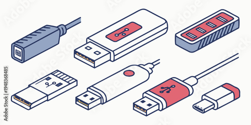 a collection of various computer connectors and adapters Vector