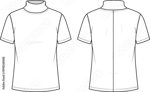 Technical fashion illustration of short-sleeve turtleneck shirt with fitted collar, visible stitching details, central back seam, front and back views
