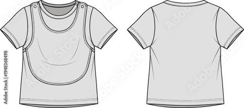 Technical fashion illustration of baby toddler short-sleeve t-shirt with snap-button bib attachment, round neckline, stitching detail, front and back views