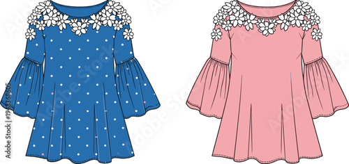 Technical fashion illustration of long-sleeve dress with flared sleeves, floral neckline embellishments, pleated hem, gathered sleeve detail, front and back views