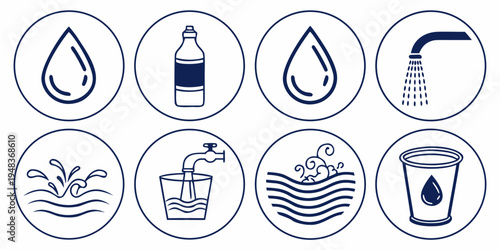 Eight icons representing different forms of water Vector
