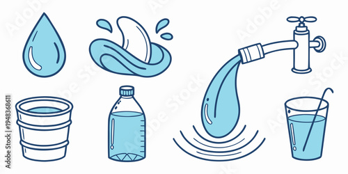 a collection of water icons including a drop and a faucet Vector