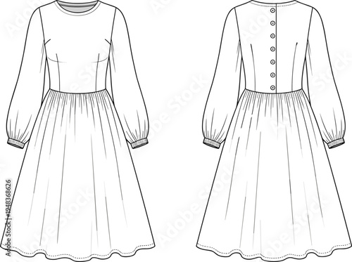 Technical fashion illustration of long-sleeved dress with round neckline, gathered waist, flared skirt, scalloped hemline, buttoned back bodice design