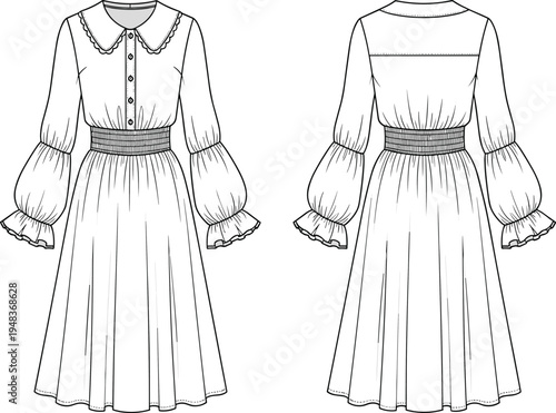 Technical fashion illustration of long-sleeve dress with scalloped Peter Pan collar, puff sleeves, ruffled cuffs, wide waistband, pleated flared skirt
