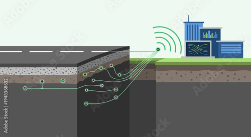 Sensors under a road connect to city buildings displaying data.
