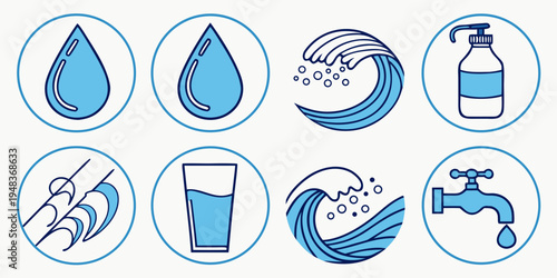 a set of eight blue icons related to water Vector