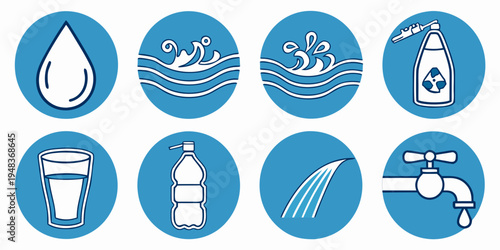 Eight icons related to water conservation and usage Vector