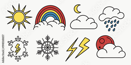 a set of weather icons including sun, rainbow, clouds, and storm symbols Vector