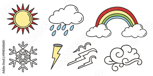 weather icons including sun, clouds, rainbow, and snow Vector