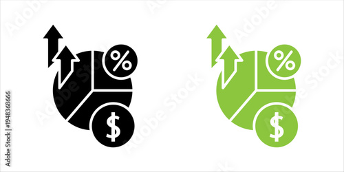 Line icon set. showing financial pie chart with percentage, dollar symbol, and growth arrows representing business analytics, financial planning, and economic performance.