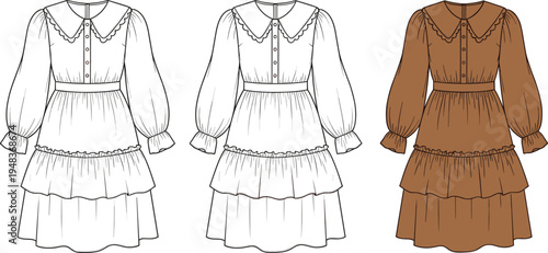 Technical fashion illustration of long-sleeved dress with scalloped Peter Pan collar, buttoned bodice, fitted waistband, tiered ruffle skirt, puff sleeves