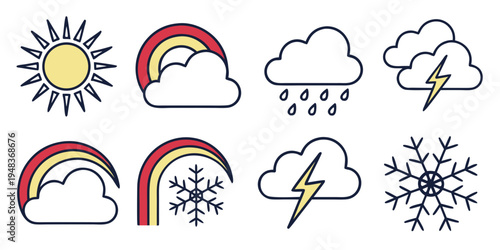 weather icons with sun, clouds, rainbows, snowflakes, and lightning bolts Vector
