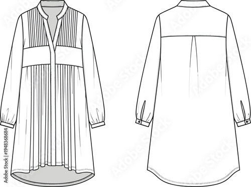 Technical fashion illustration of long-sleeved tunic dress with V-neckline, pleated bodice, cuffed sleeves, curved hemline front and back