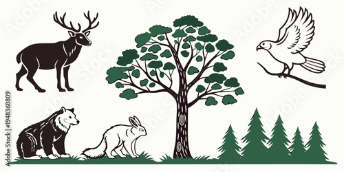 forest animals and tree in natural setting Vector