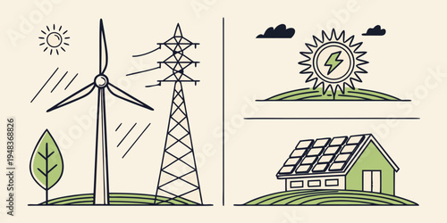 renewable energy sources including wind turbines and solar panels Vector