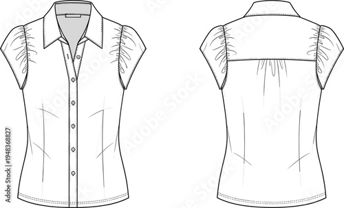Technical fashion illustration of short-sleeve blouse with pointed collar, button placket, shoulder gathers, princess seams, yoke detail, curved hemline