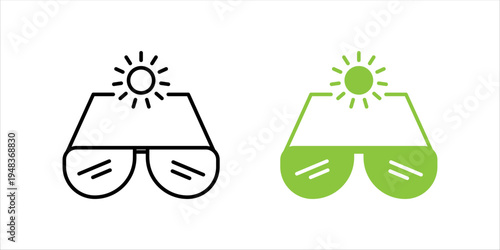 Minimal line icon set. of sunglasses with sun representing summer season, UV protection, sunny weather, vacation lifestyle, and outdoor activities.