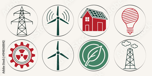 icons representing different types of renewable energy sources and power generation Vector