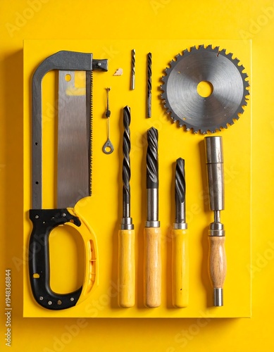 Assortment of tools arranged neatly on bright yellow surface, including saw, drill bits, and circular blade
