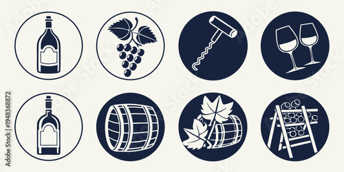 wine icons including bottle grapevine corkscrew glasses barrel Vector
