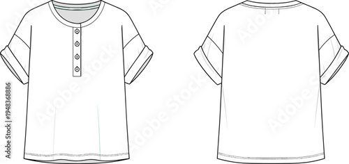 Technical fashion illustration of short-sleeve casual shirt with round neckline, partial button placket, cuffed sleeves, straight hemline, front and back views