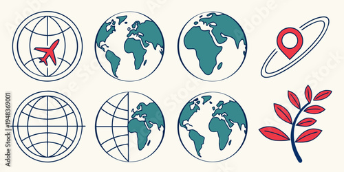 a set of icons featuring globes and a sprouting plant Vector