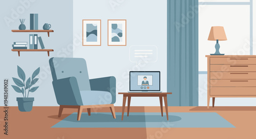 A cozy living room with a laptop on a table displaying a video call.