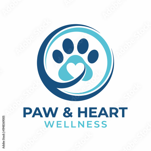 A heart-shaped paw print logo symbolizing love and care for pets in a wellness context, ideal for pet-related businesses emphasizing compassion and health for animals.