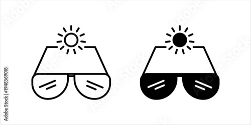 Minimal line icon set. of sunglasses with sun representing summer season, UV protection, sunny weather, vacation lifestyle, and outdoor activities.