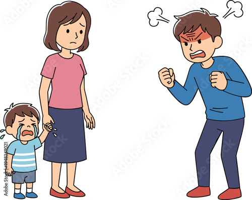 Cartoon illustration of an angry man shouting at a sad woman and crying child depicting family conflict and domestic argument