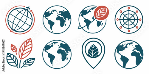a set of icons featuring globes and leaves Vector