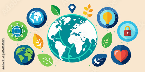 a blue and white globe surrounded by various eco friendly icons Vector